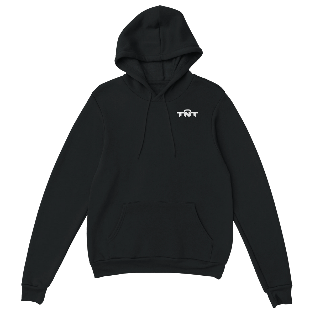 Angled front view of black TNT Fitness Gear classic training hoodie featuring white chest logo and kangaroo pocket.