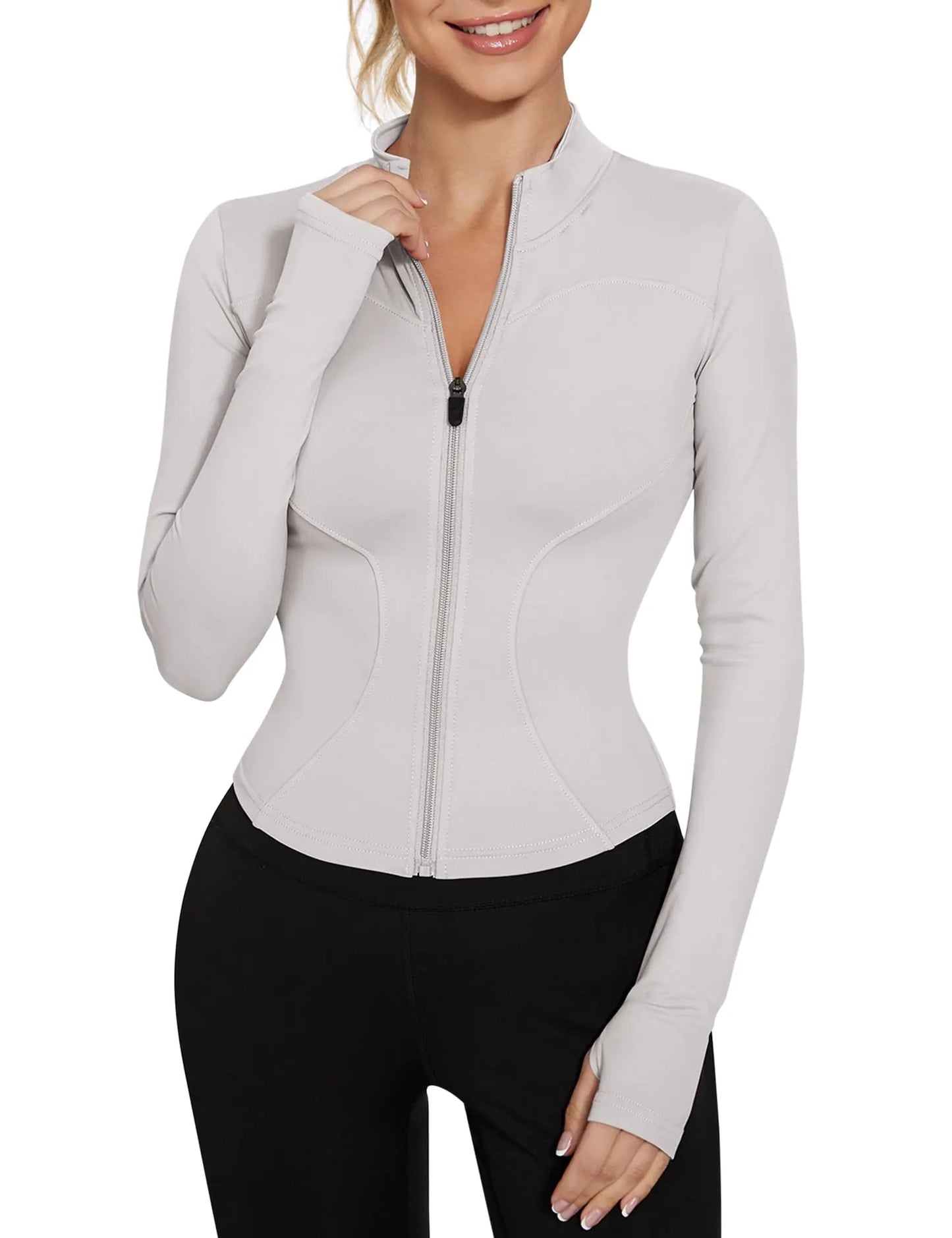 LUYAA Women's Workout Jacket Lightweight Zip Up Yoga Jacket Cropped Athletic Slim Fit Tops Ivory Grey Medium - TNT Fitness