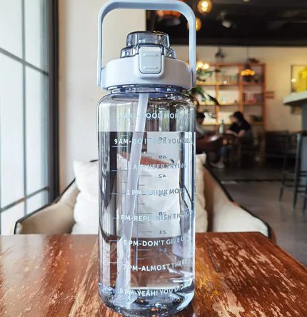 Motivational sports water bottle with time markers and a durable design, ideal for tracking hydration throughout the day during workouts, outdoor activities, or daily routines.
