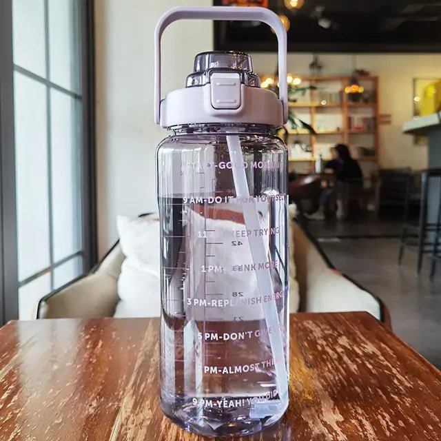 Motivational sports water bottle with time markers and a durable design, ideal for tracking hydration throughout the day during workouts, outdoor activities, or daily routines.