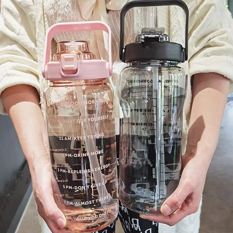 Motivational sports water bottle with time markers and a durable design, ideal for tracking hydration throughout the day during workouts, outdoor activities, or daily routines.
