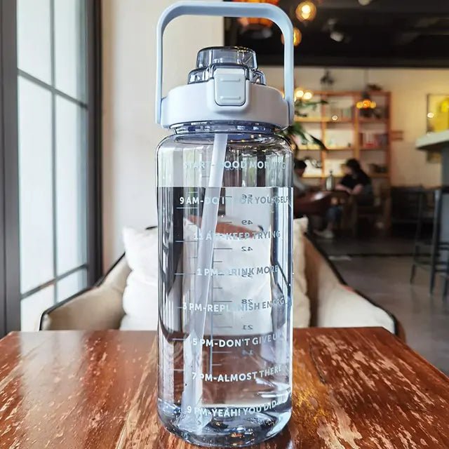 Motivational sports water bottle with time markers and a durable design, ideal for tracking hydration throughout the day during workouts, outdoor activities, or daily routines.