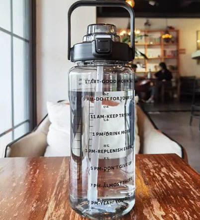 Motivational sports water bottle with time markers and a durable design, ideal for tracking hydration throughout the day during workouts, outdoor activities, or daily routines.