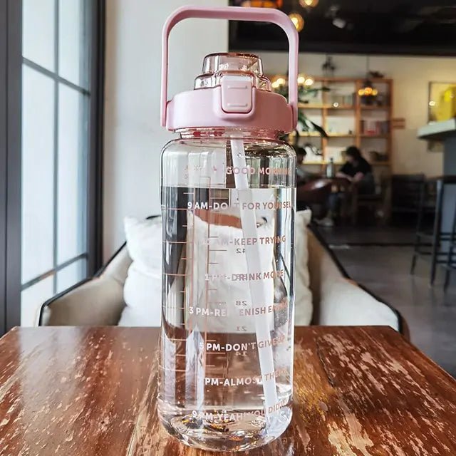 Motivational sports water bottle with time markers and a durable design, ideal for tracking hydration throughout the day during workouts, outdoor activities, or daily routines.