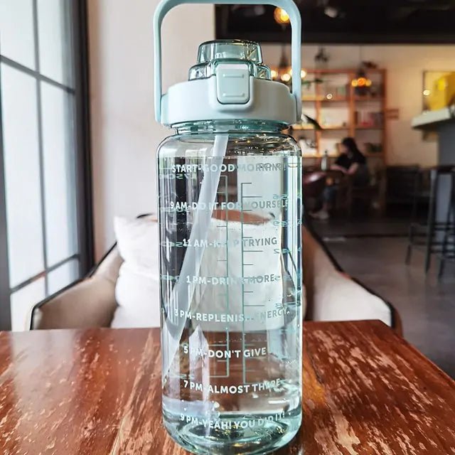 Motivational sports water bottle with time markers and a durable design, ideal for tracking hydration throughout the day during workouts, outdoor activities, or daily routines.