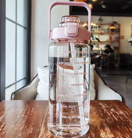 Motivational sports water bottle with time markers and a durable design, ideal for tracking hydration throughout the day during workouts, outdoor activities, or daily routines.