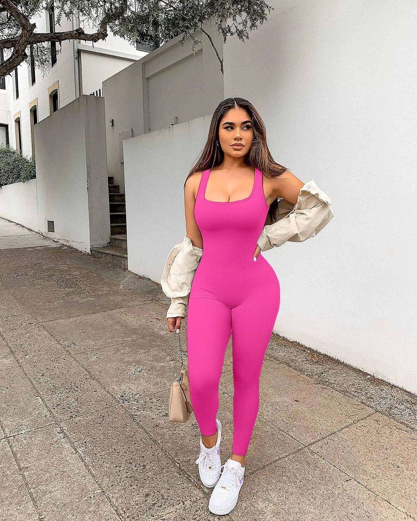 Women Workout Seamless Jumpsuit Yoga Ribbed Bodycon One Piece Tank Top Leggings Romper Medium 05rose - TNT Fitness