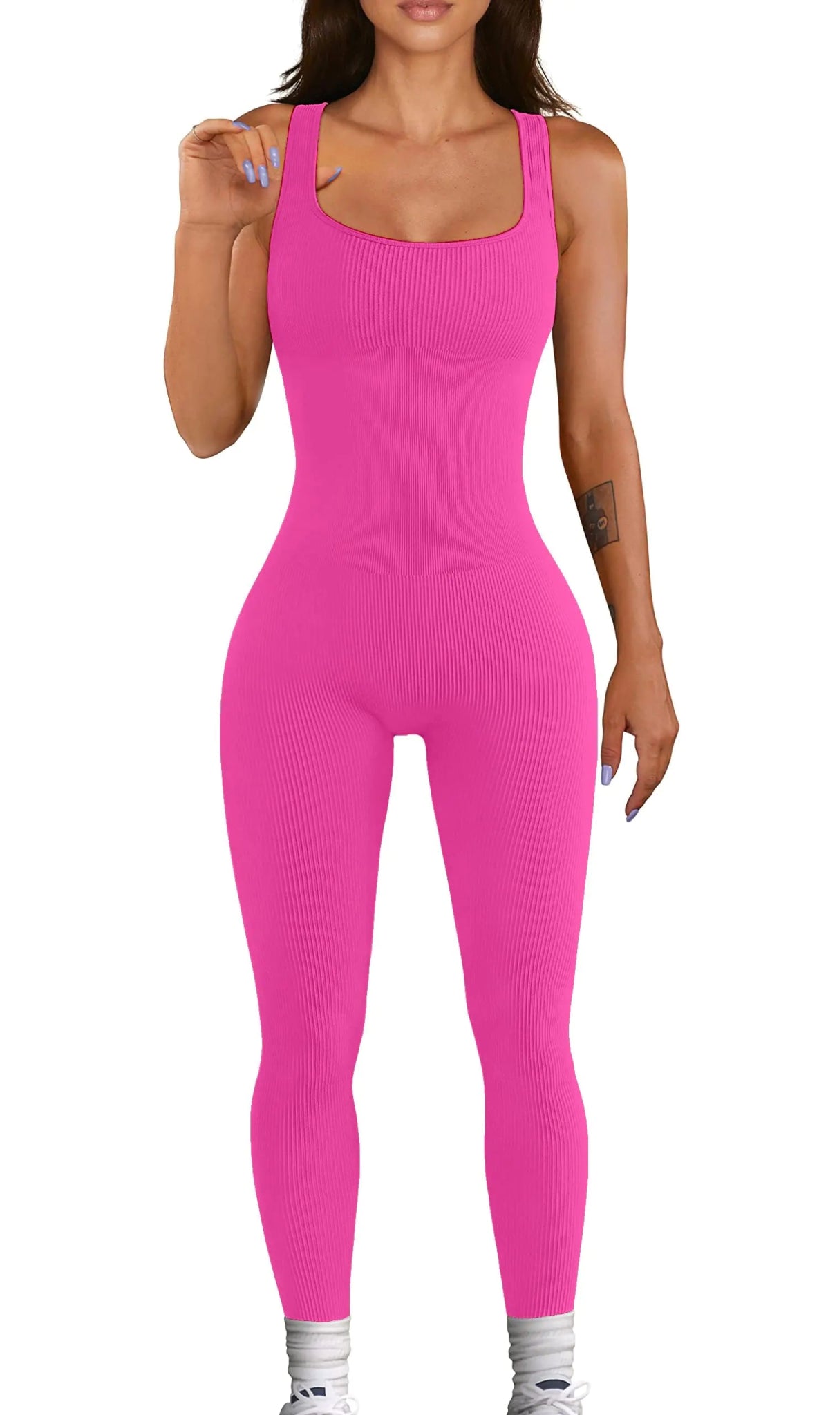 Women Workout Seamless Jumpsuit Yoga Ribbed Bodycon One Piece Tank Top Leggings Romper Medium 05rose - TNT Fitness