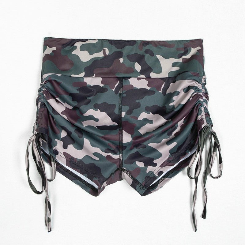 Women's high-waist camouflage yoga shorts, designed with breathable, moisture-wicking fabric for maximum comfort, flexibility, and a stylish fit during gym or yoga sessions. TNT Fitness Gear

